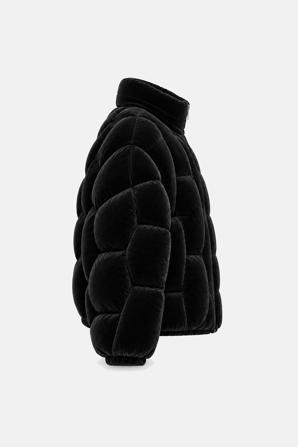 Left side profile of the black velvet OCTAGON Pentagon Puffer showing sculptural volume