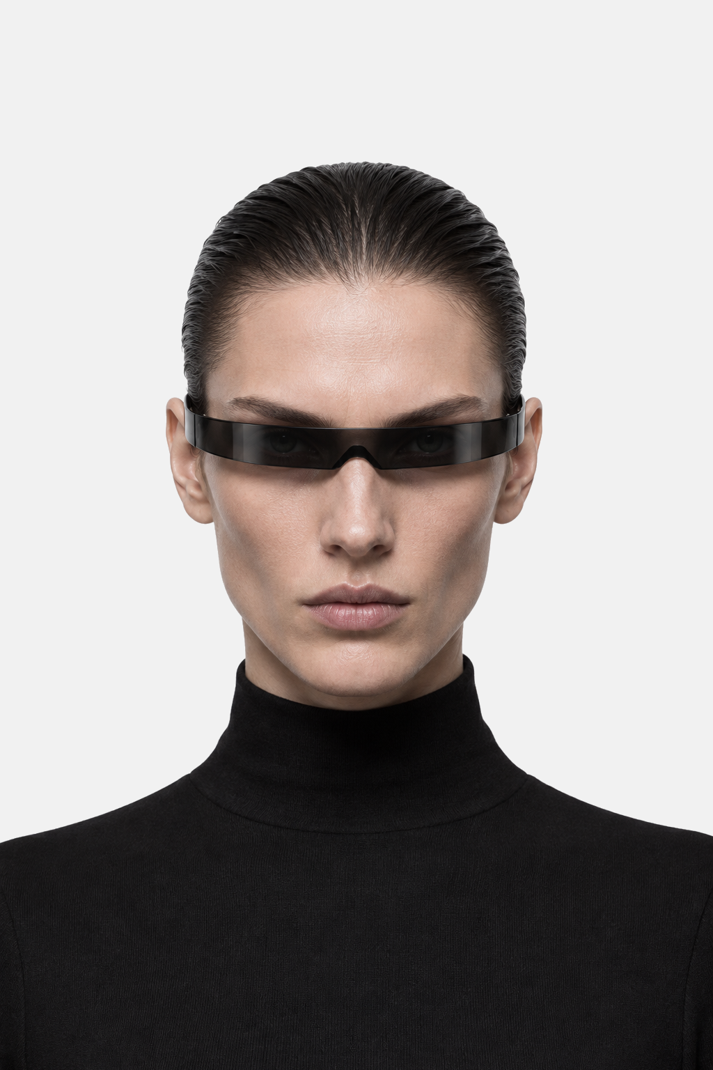 Model wearing OCTAGON Blade Shield sunglasses in black