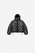 Gloss-black OCTAGON diamond-quilted hooded puffer jacket with satin-metal chest badge, front flat lay
