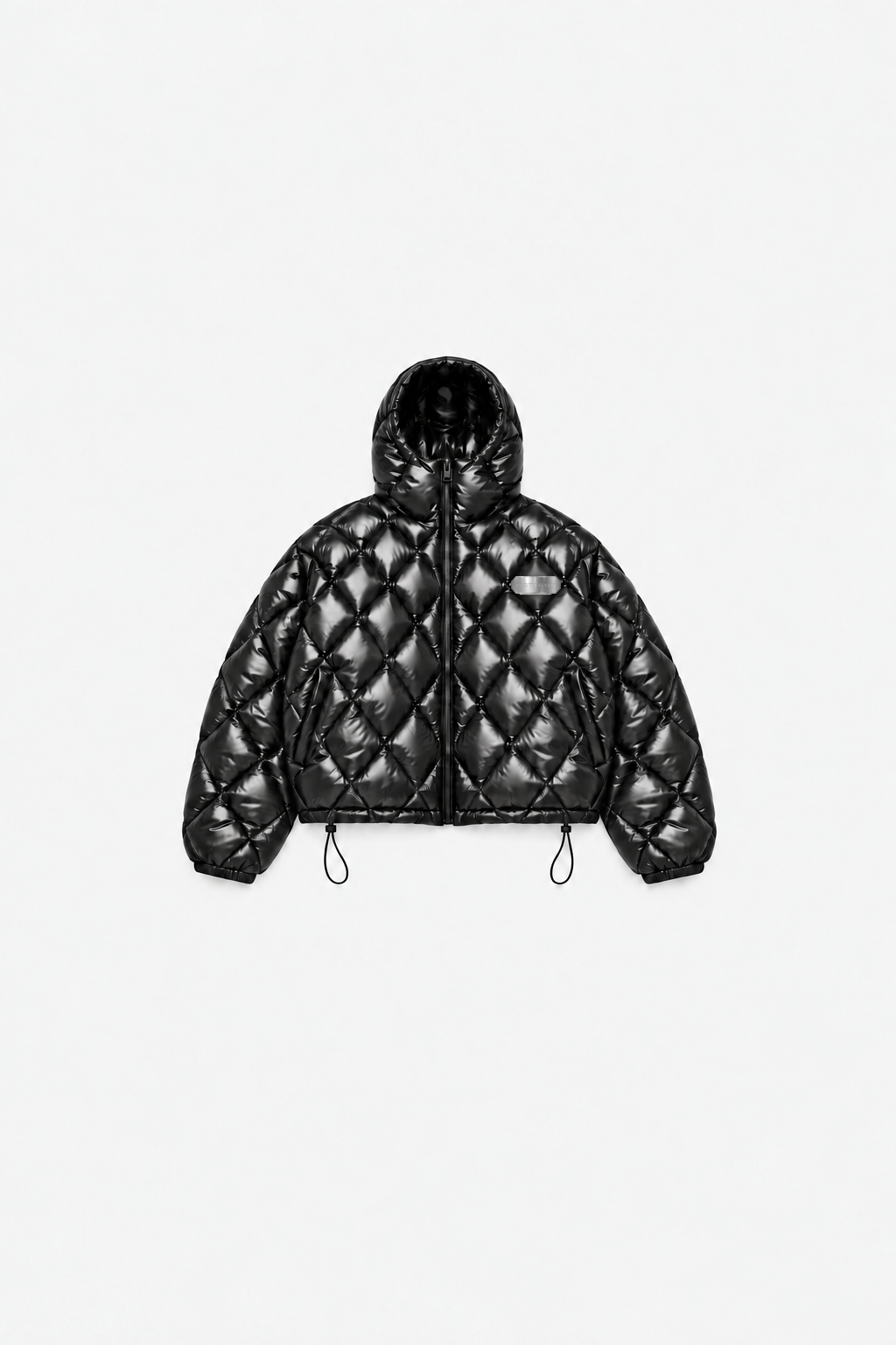 Gloss-black OCTAGON diamond-quilted hooded puffer jacket with satin-metal chest badge, front flat lay