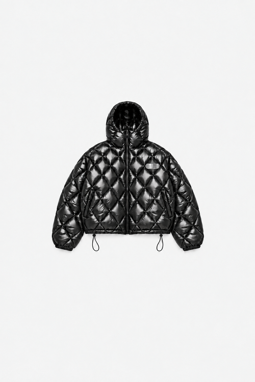 Gloss-black OCTAGON diamond-quilted hooded puffer jacket with satin-metal chest badge, front flat lay