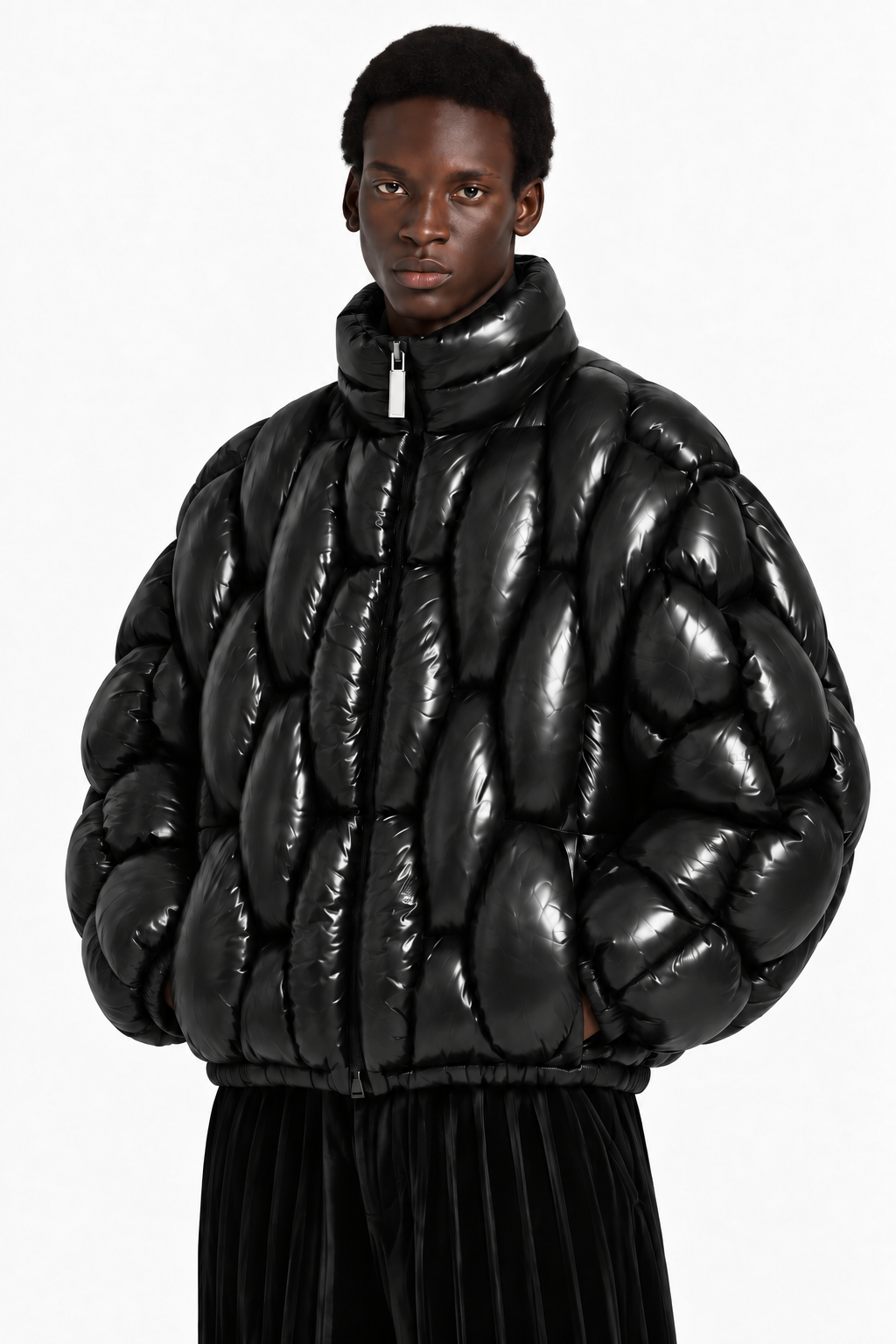 Tag-free worn detail of the glossy black OCTAGON Pentagon Puffer collar and chrome zipper pull