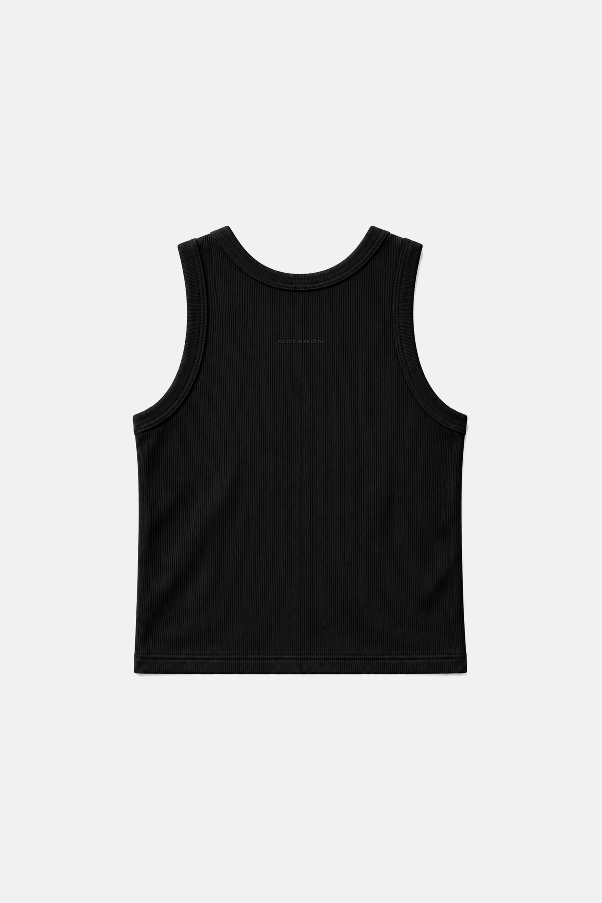 Black OCTAGON knitted rib tank with tonal knitted wordmark, back