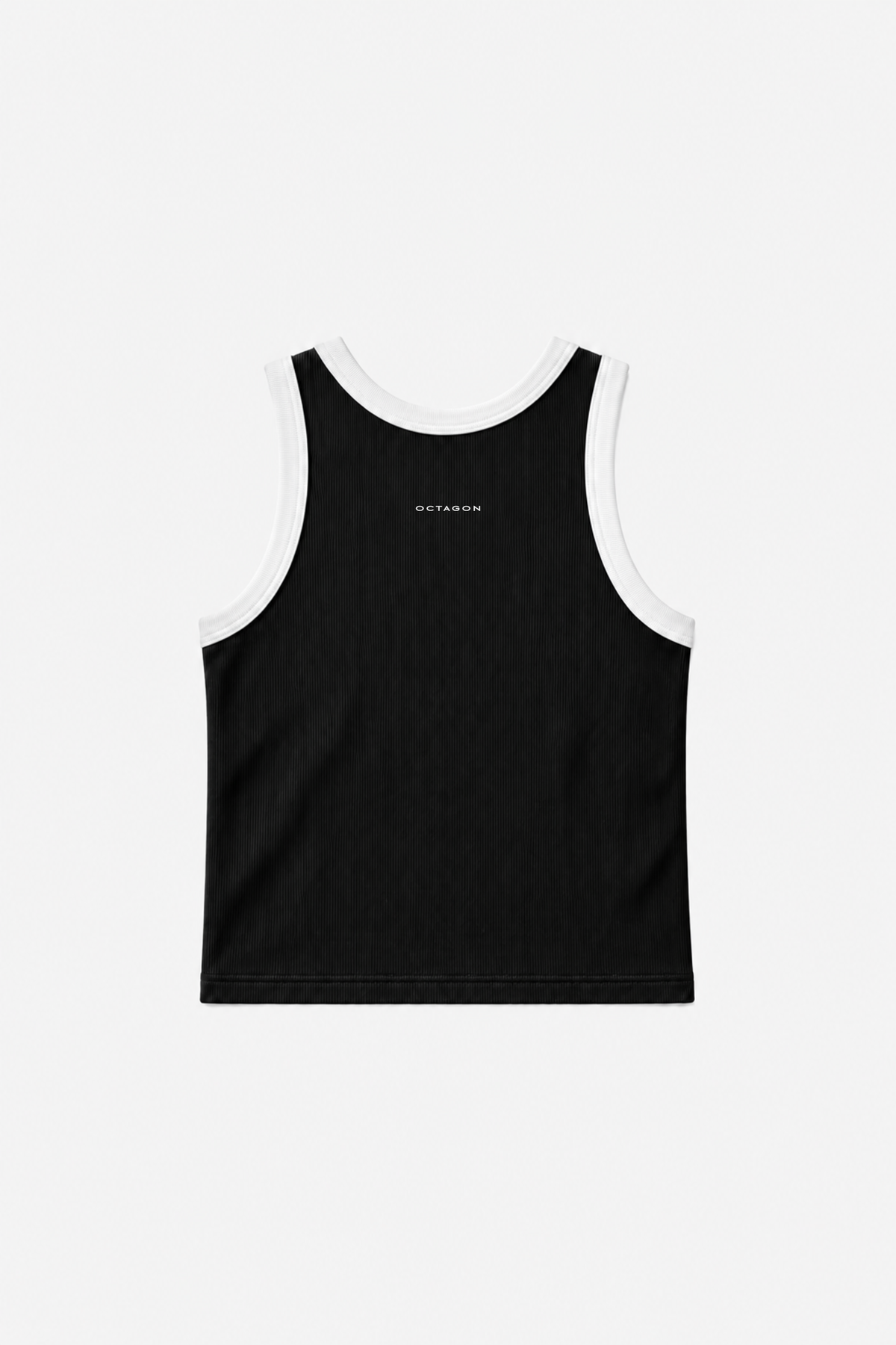 Black OCTAGON knitted rib tank with white binding and knitted wordmark, back