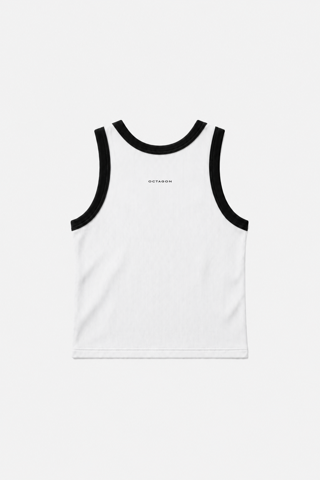 White OCTAGON knitted rib tank with black binding and knitted wordmark, back