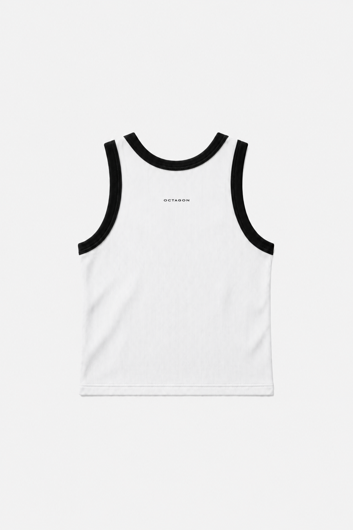 White OCTAGON knitted rib tank with black binding and knitted wordmark, back