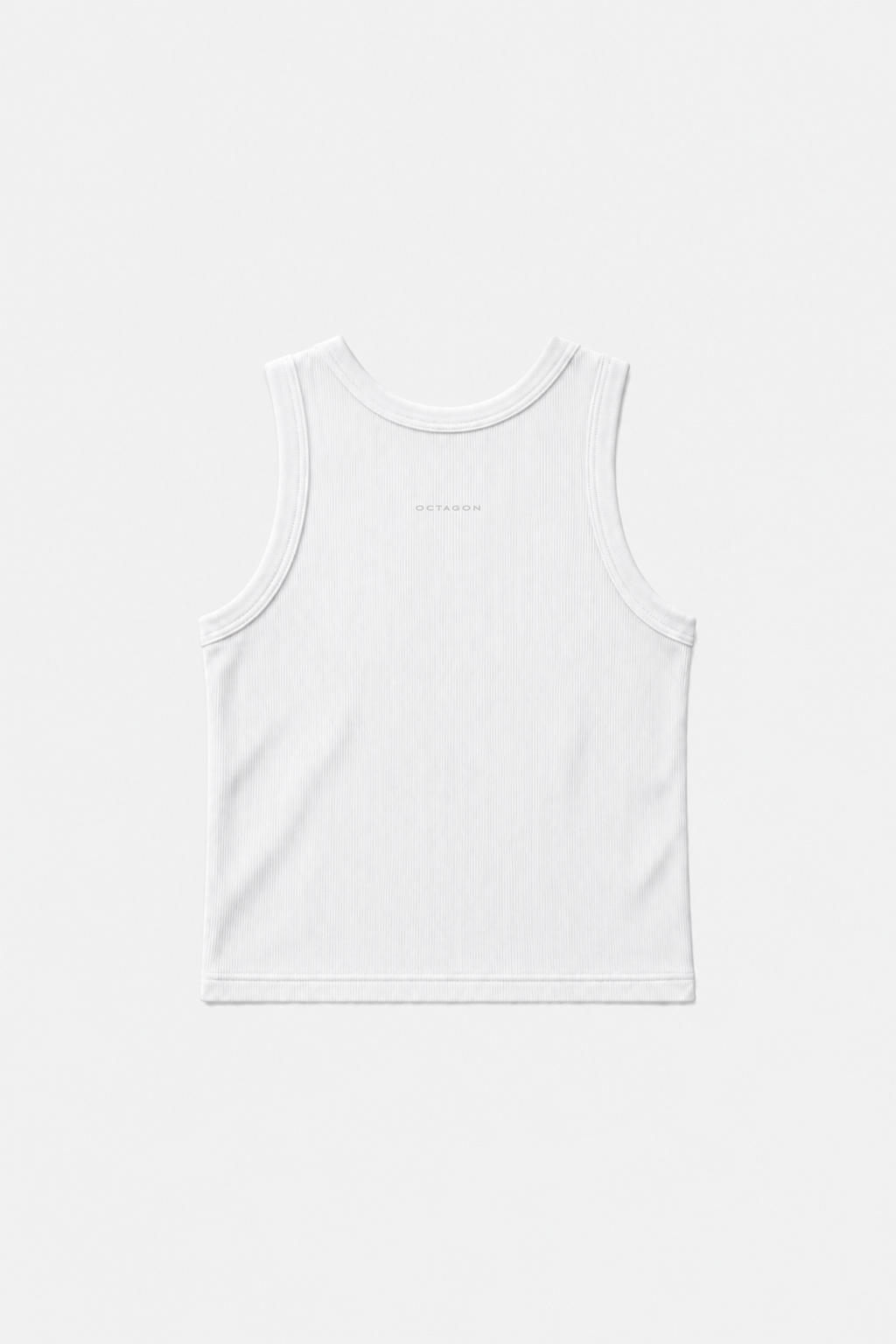 White OCTAGON knitted rib tank with tonal knitted wordmark, back