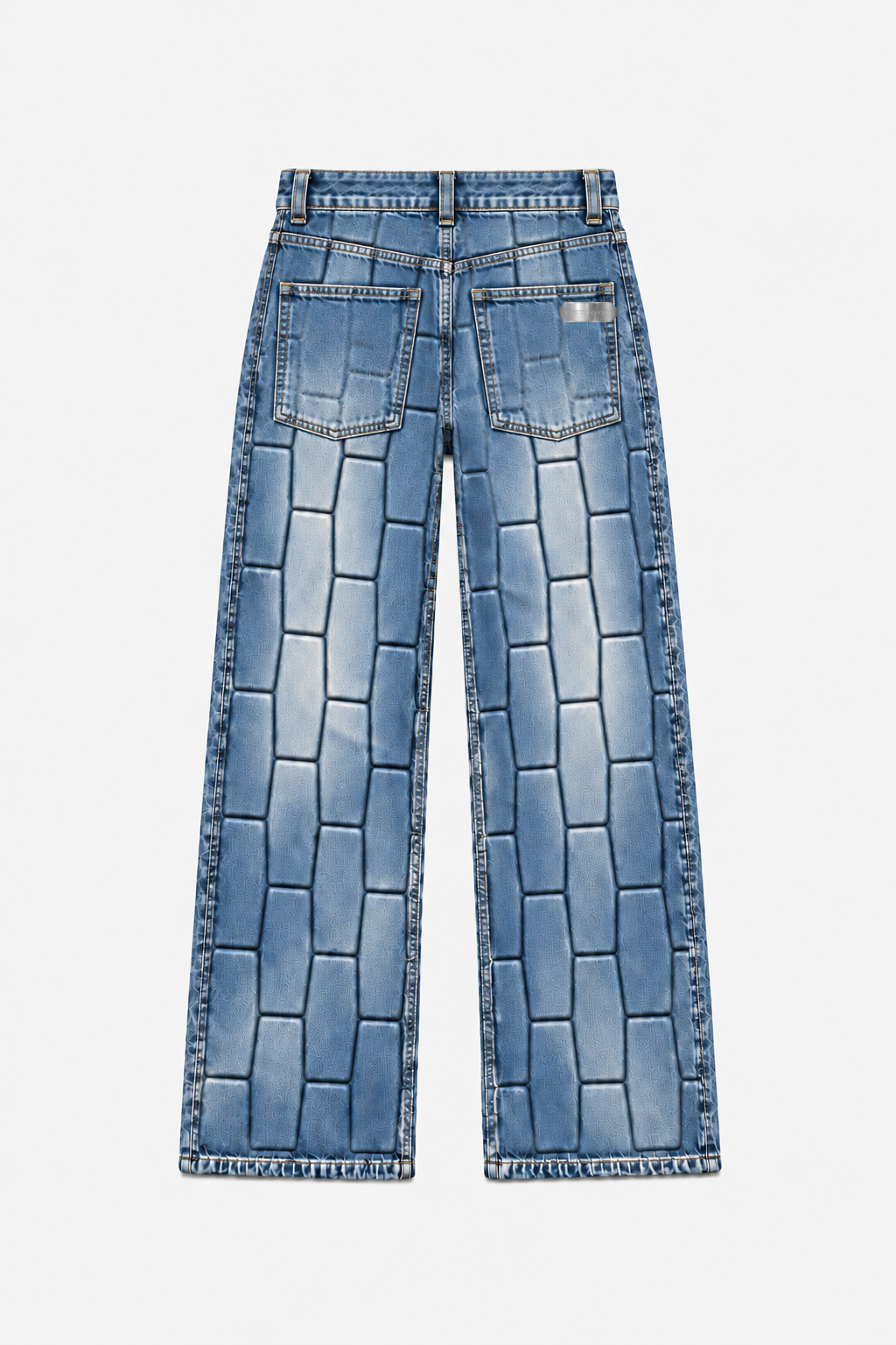 Vintage-blue OCTAGON Pentagon debossed wide-leg jeans with canonical metal tag, rear flat lay
