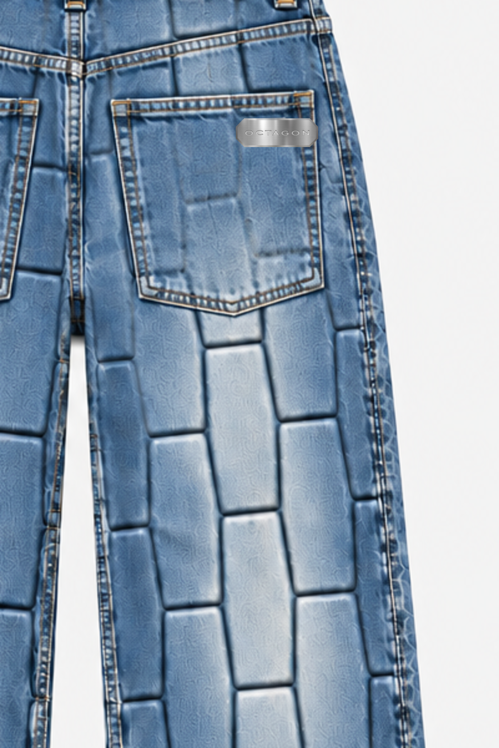 OCTAGON canonical metal tag on the rear pocket of vintage-blue Pentagon debossed jeans