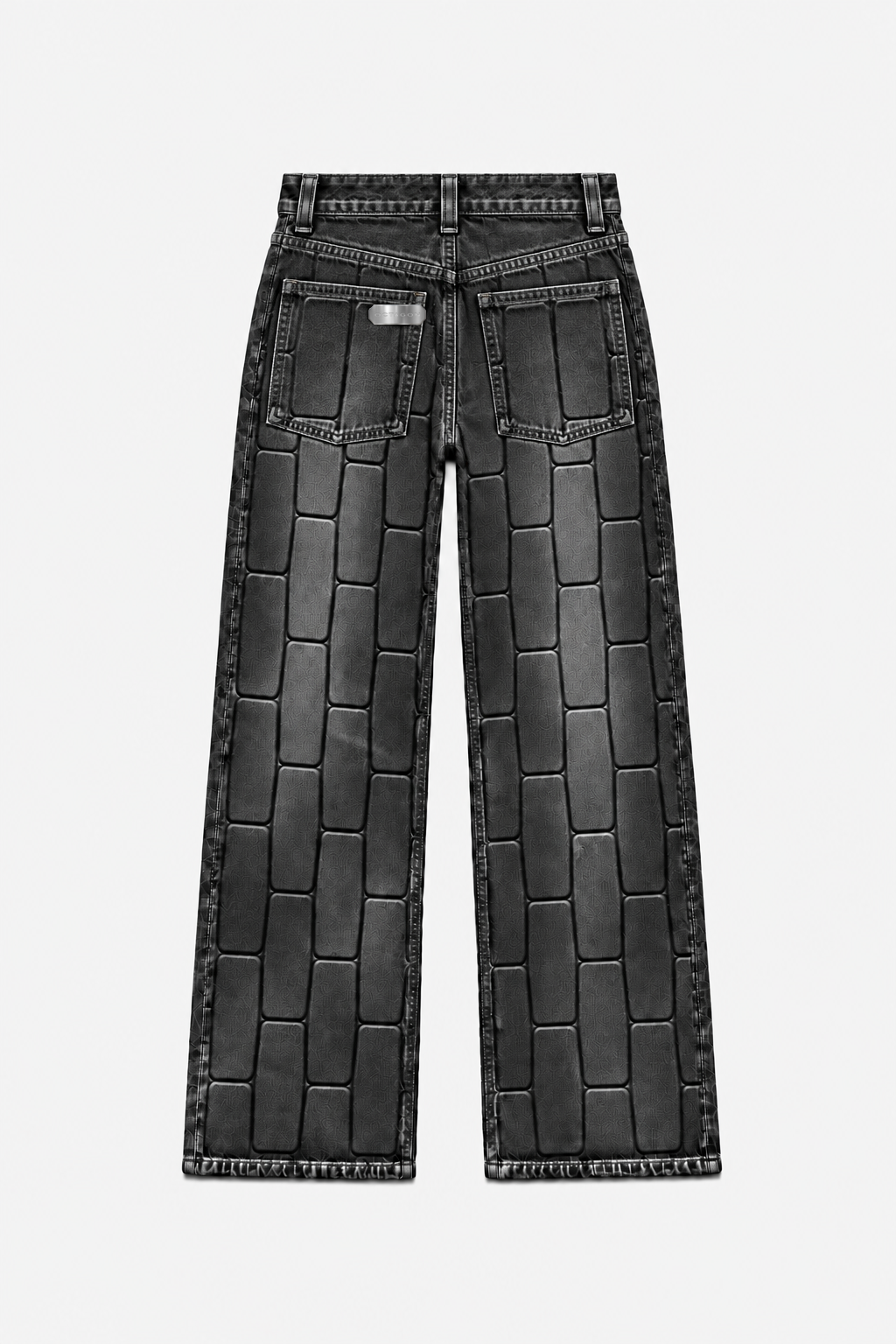 Washed-black OCTAGON Pentagon debossed wide-leg jeans with canonical metal tag, rear flat lay