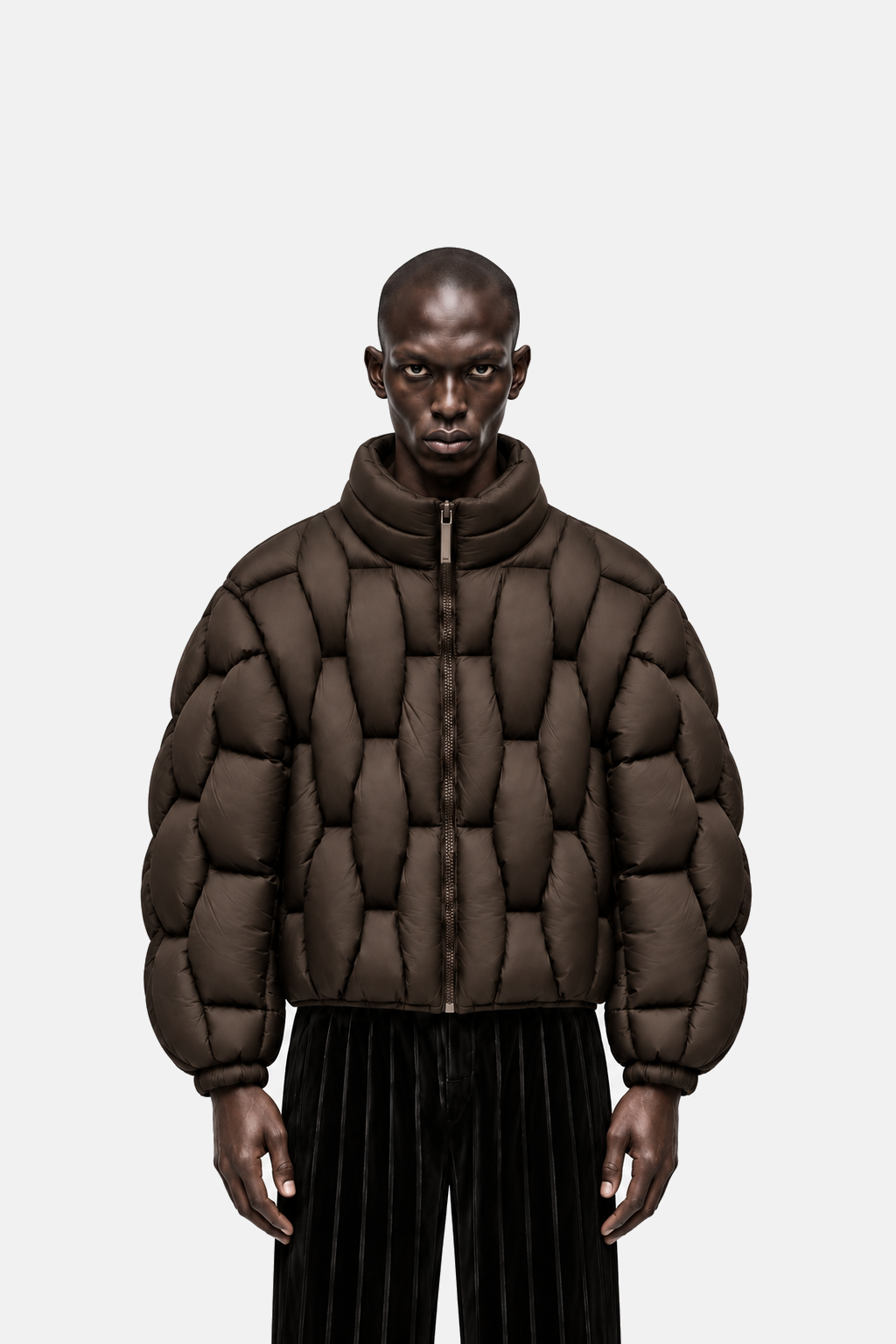 Espresso brown OCTAGON Pentagon matte puffer collar, zipper, and torso fit detail