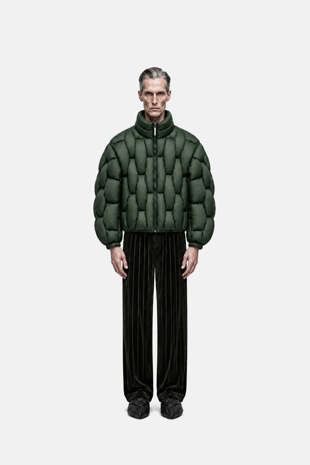 Male model wearing the forest green OCTAGON Pentagon matte puffer, straight front fit view