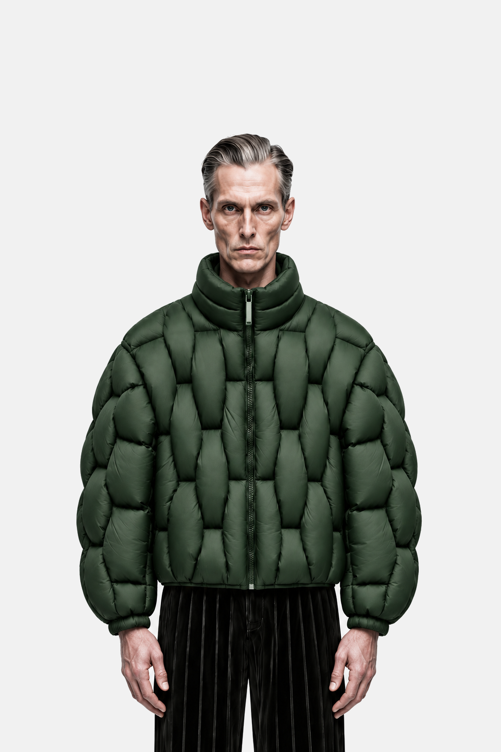 Forest green OCTAGON Pentagon matte puffer collar, zipper, and torso fit detail