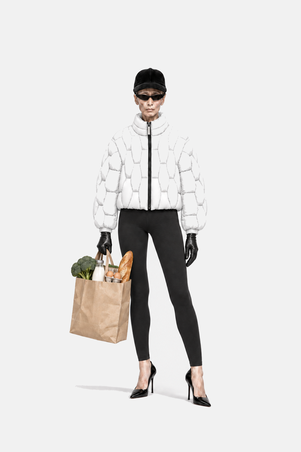 Mature woman wearing the white OCTAGON Pentagon matte puffer with a grocery bag