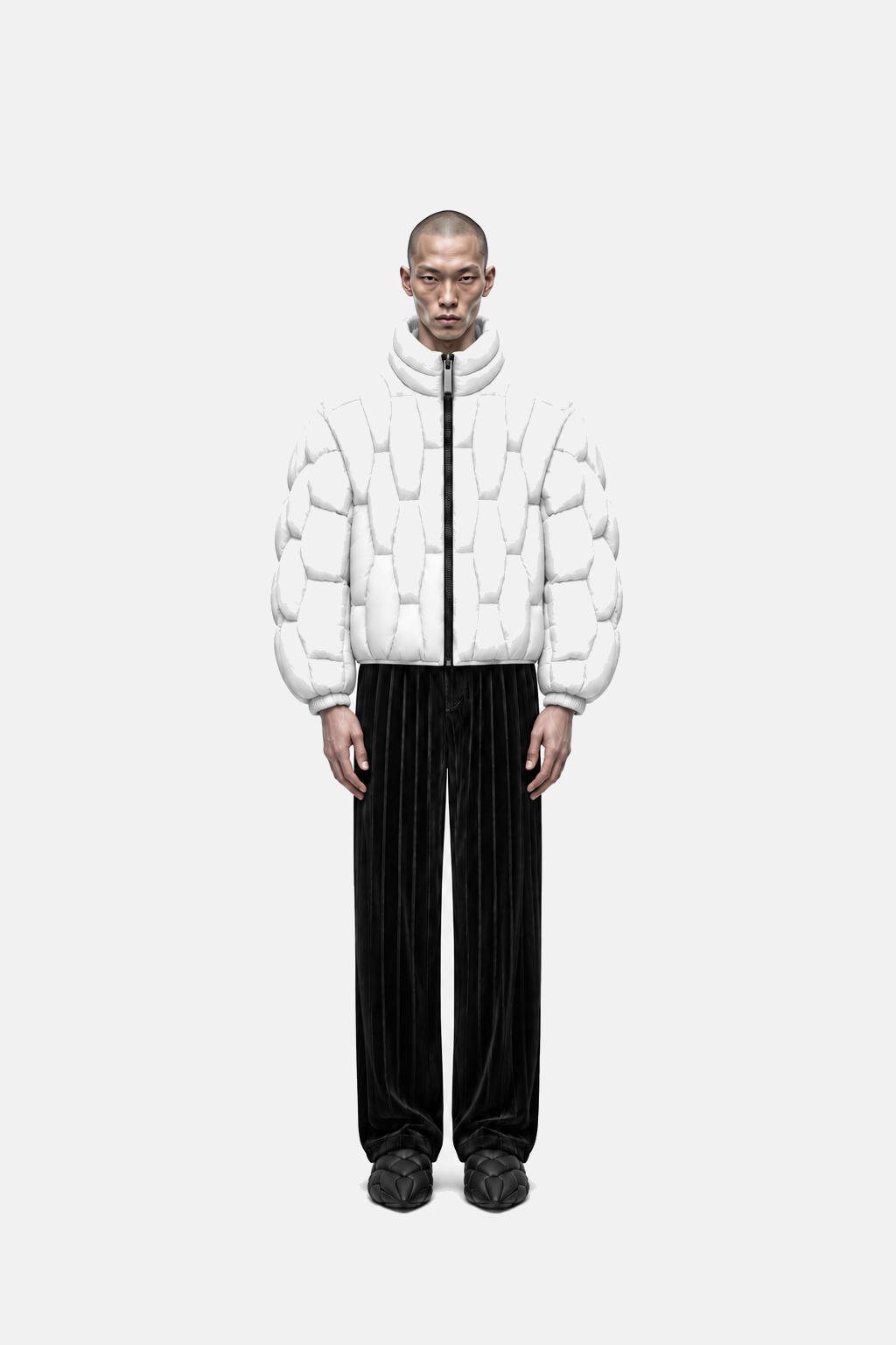 Male model wearing the white OCTAGON Pentagon matte puffer, straight front fit view