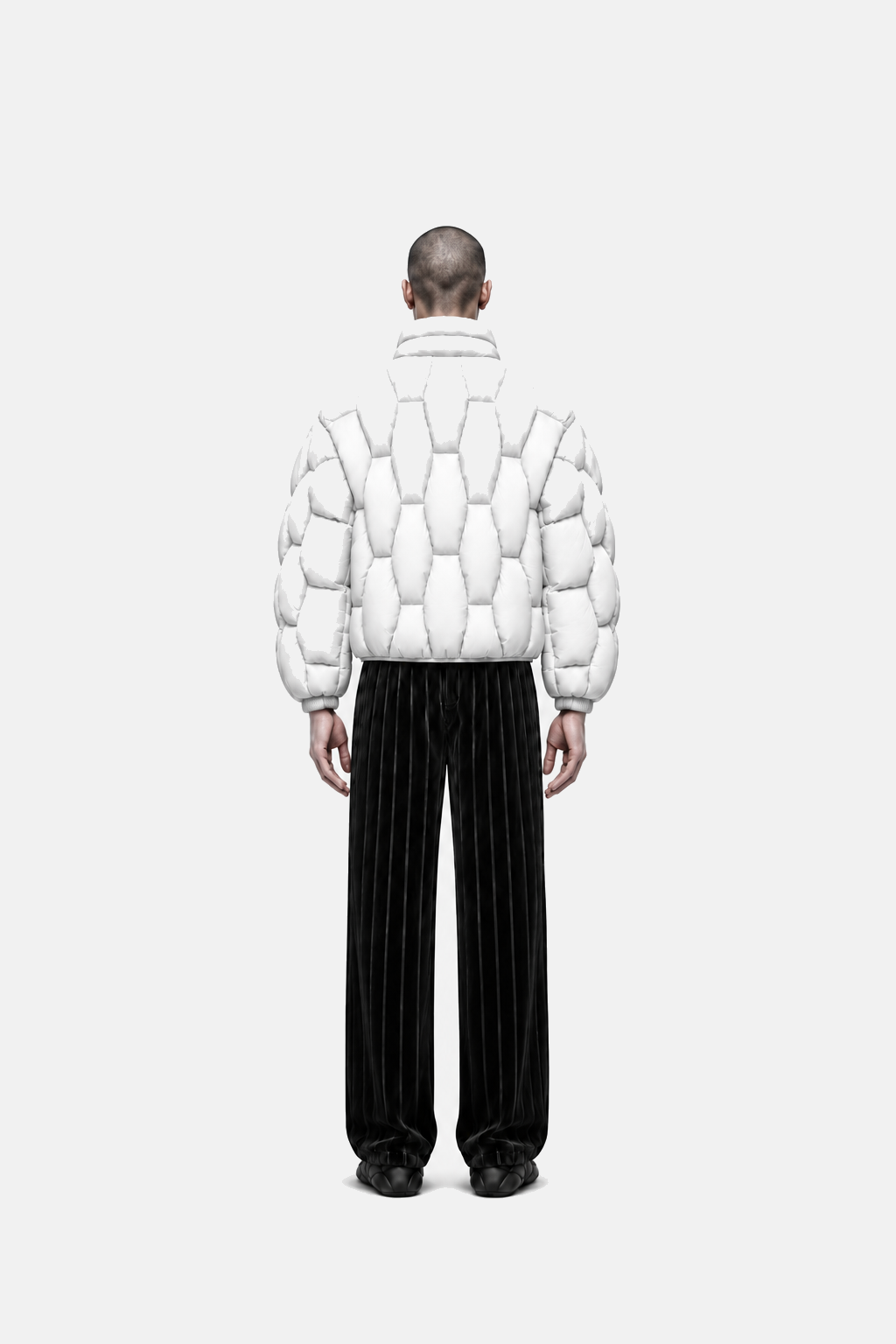 Male model wearing the white OCTAGON Pentagon matte puffer, rear view