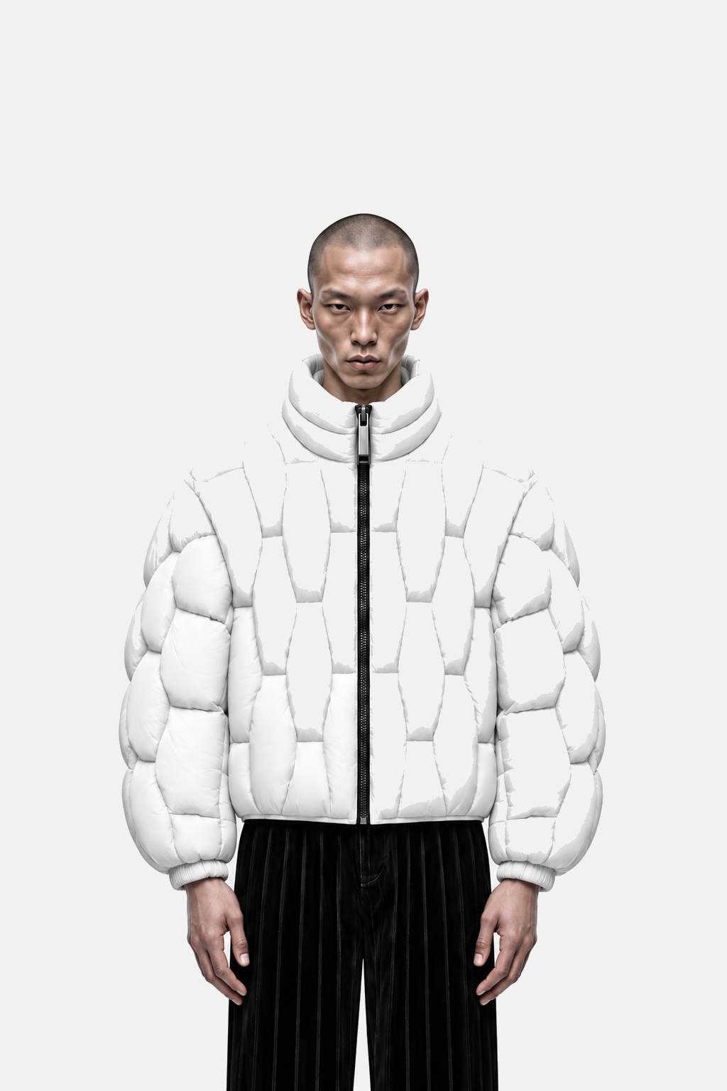 White OCTAGON Pentagon matte puffer collar, zipper, and torso fit detail