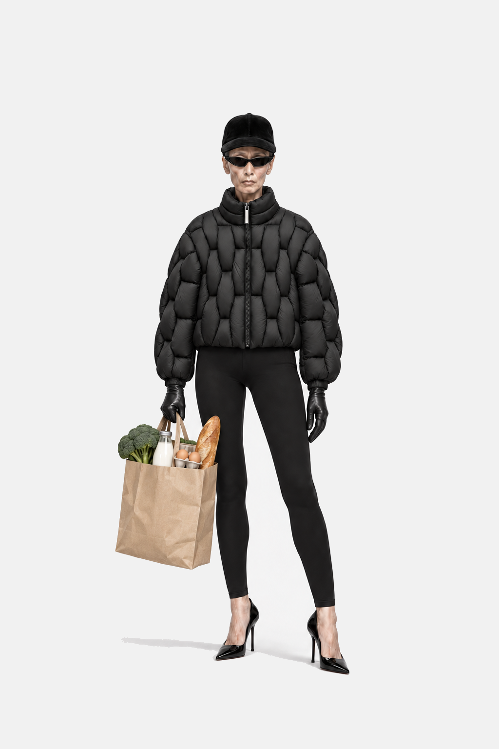 Mature woman wearing the black OCTAGON Pentagon matte puffer with a grocery bag