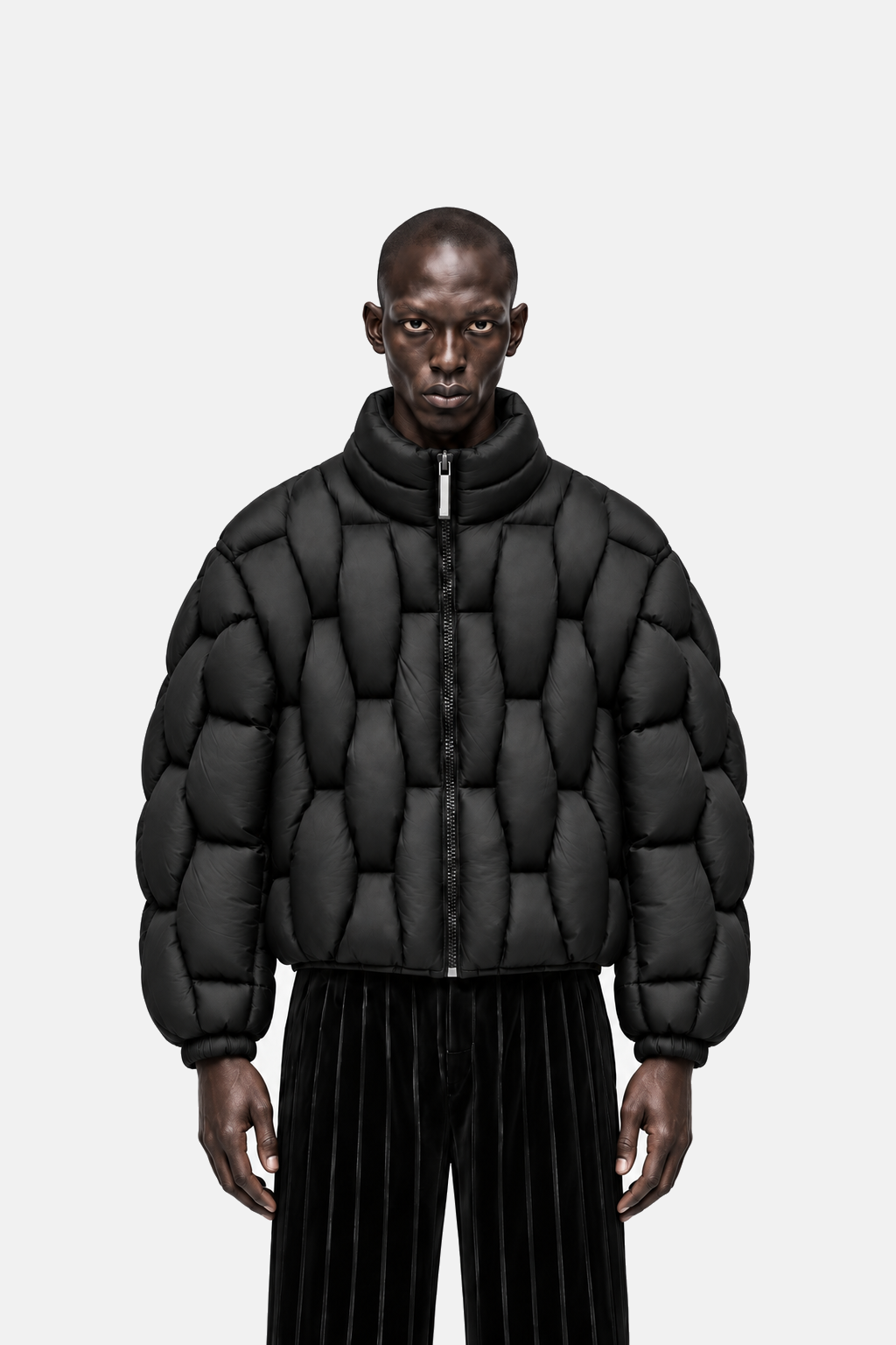 Black OCTAGON Pentagon matte puffer collar, zipper, and torso fit detail