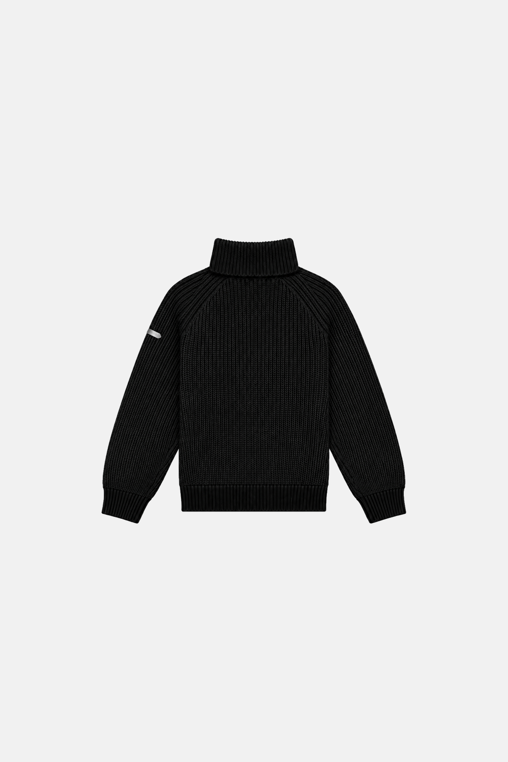 Black heavyweight cashmere turtleneck, centered back flat lay