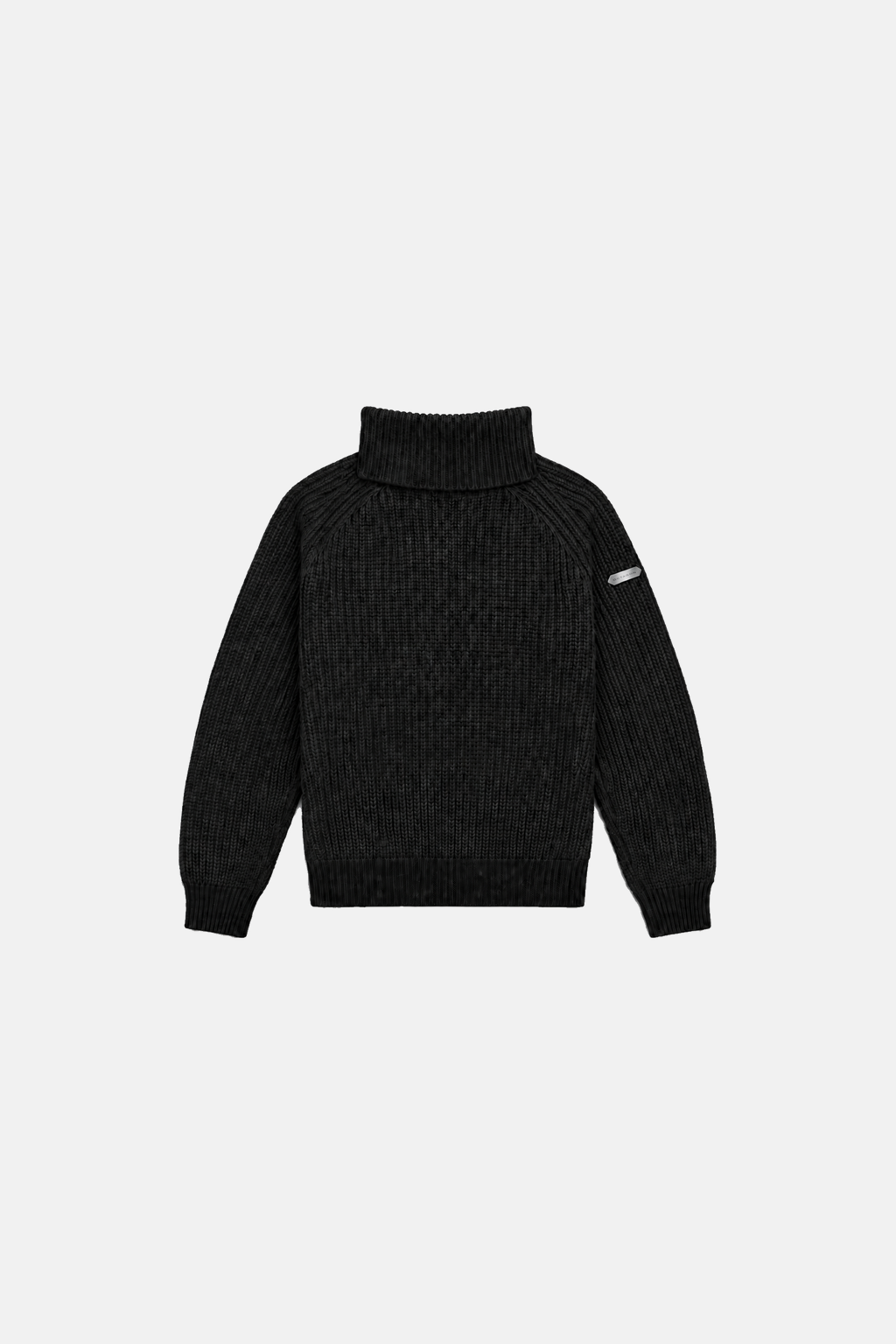Black heavyweight cashmere turtleneck with thick collar and sleeve tag, centered front flat lay