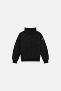 Black heavyweight cashmere turtleneck with thick collar and sleeve tag, centered front flat lay