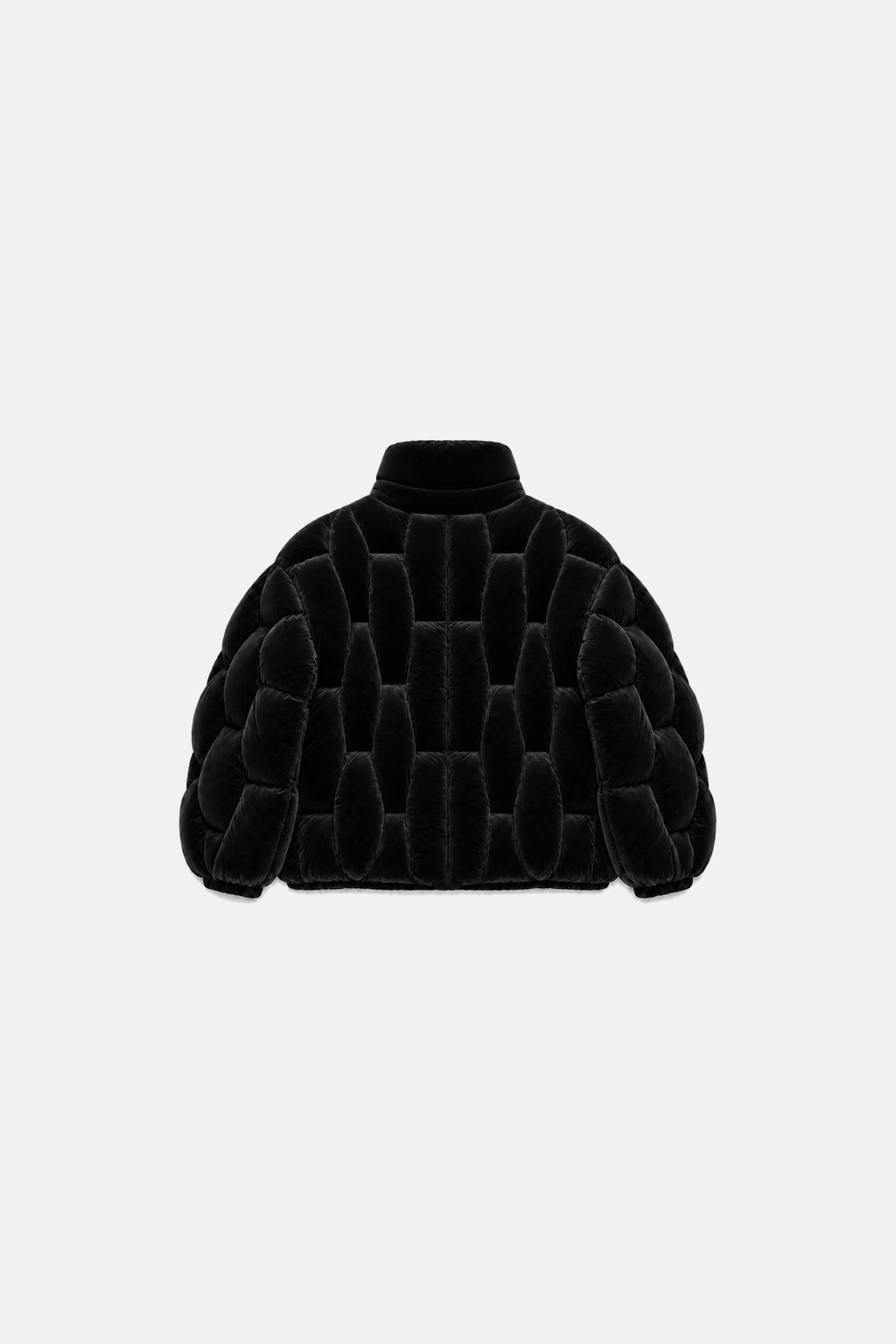 Black velvet OCTAGON Pentagon cage puffer, centered back flat lay