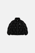 Black velvet OCTAGON Pentagon cage puffer, centered front flat lay