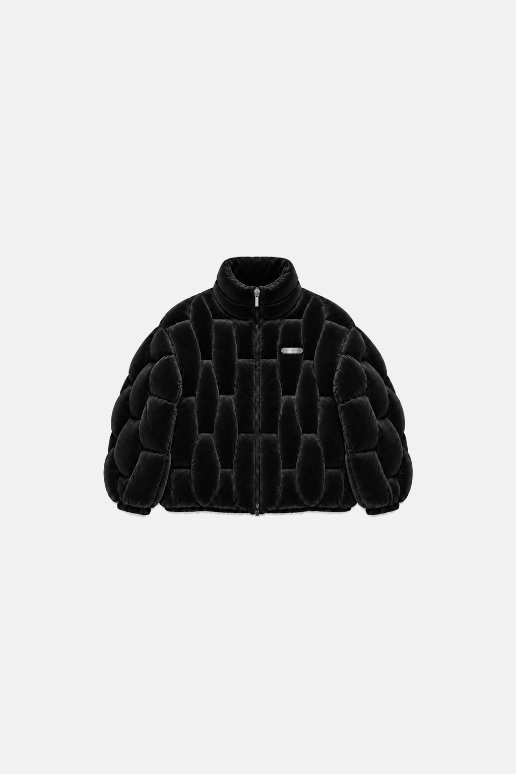 Black velvet OCTAGON Pentagon cage puffer, centered front flat lay